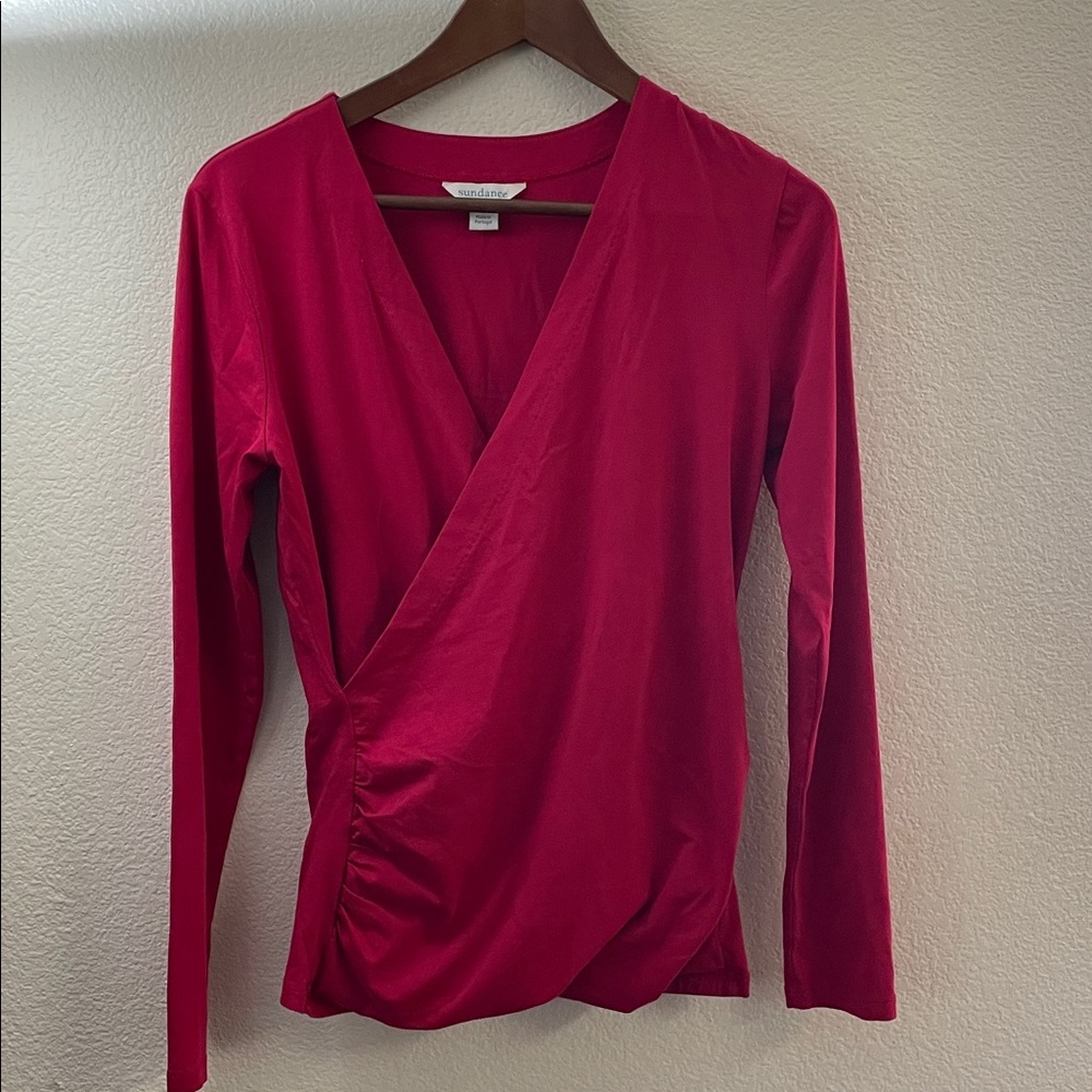 Sundance Vibrant Cherry Red Long Sleeve Wrap Blouse cinched side dance yoga S